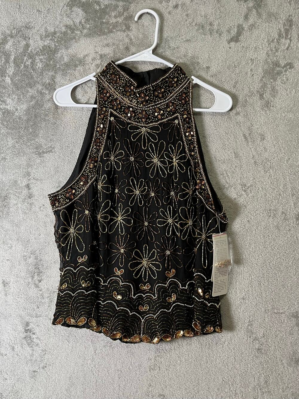 Vintage Silk Black Gold Beaded Sequin Floral Sleeveless Evening Party Blouse Top